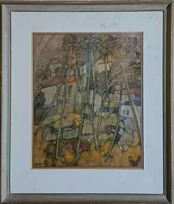 אברהם עצמון (1918-2008) - בתים בחורשה. אקוורל על נייר, 52x42 ס"מ, חתום. 
אודות אברהם עצמון: 