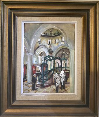 אמן לא מזוהה - בית כנסת בצפת . שמן על בד 20X28 ס"מ חתום .