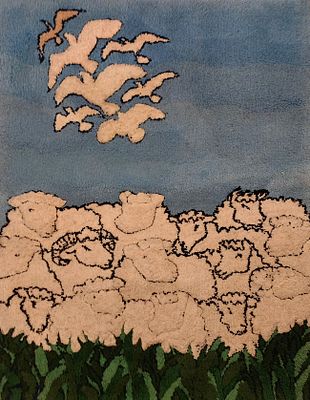 עמנואל קיפניס, צייר. נולד בתל אביב, 1936. - כבשים ויונים שטיח באיכות מוזיאלית של האמן. שטיח קיר 