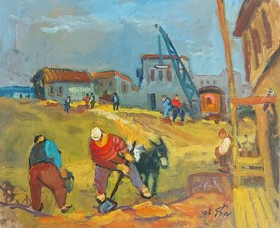 אבי שוורץ - נמל יפו. שמן על מזונית 40X30 חתום.בציוריו, אבי שוורץ משתמש לרוב בטכניקת שמן על בד או 