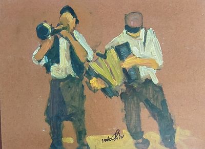 אבי שוורץ - כלייזמרים. שמן על מזונית 29X36 חתום