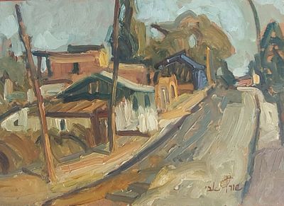 אבי שוורץ - נווה צדק. שמן על מזונית 26X35 חתום