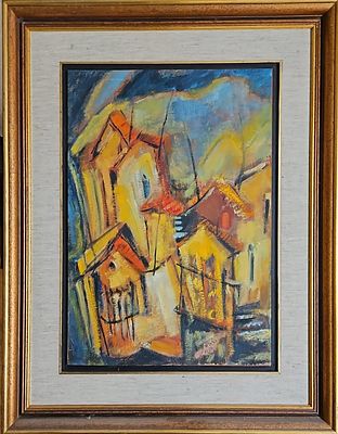 ברכה בנימיני (1901-1993) - בתים בעיירה. שמן על בד, 55x49 ס"מ, חתום. 
אודות ברכה בנימיני: 
ברכה 