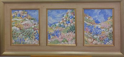 זיוה קיינר - פרחים באביב . שלושה ציורים גודל כל ציור שמן על בד 36X28 ס"מ חתום .