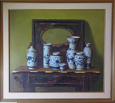 אמן לא מזוהה - כדים על מדף . שמן על בד 50X60 ס"מ לא נמצאה חתימה .