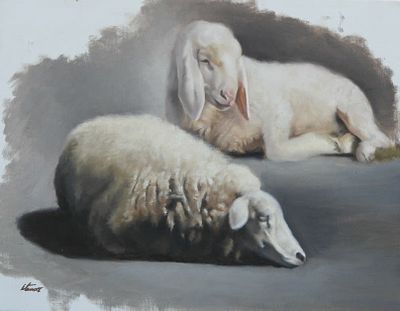 איתמר שחק - כבשים במנוחה שמן על בד 45X35 ס"מ חתום