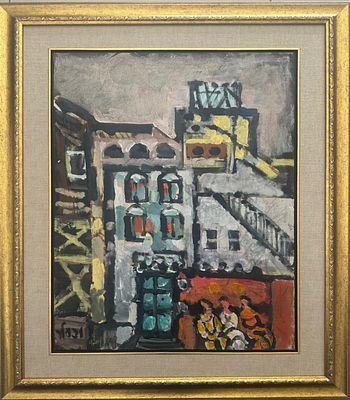 יעקב וכסלר - מפגש חברות על הספסל. שמן על בד 53&times;73 ס"מ חתום.