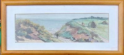 אמן לא מזוהה - נוף אל הים . . אקוורל על נייר 47X15 ס"מ חתום .