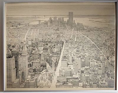 SANDRA FINKENBERG - ניו יורק , מגדלי התאומים . Manhattan NYC,. הדפס תחריט 55X43 חתום, בעיפרון עבודה 