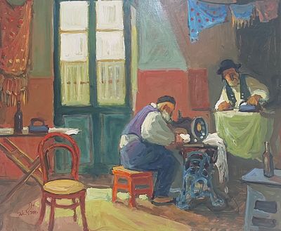 אבי שוורץ - התופר. שנן על מזונית 50X60 ס"מ חתום .בציוריו, אבי שוורץ משתמש לרוב בטכניקת שמן על בד או 