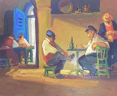 אבי שוורץ - בית קפה. שמן על מזונית 50X40 חתום .בציוריו, אבי שוורץ משתמש לרוב בטכניקת שמן על בד או 