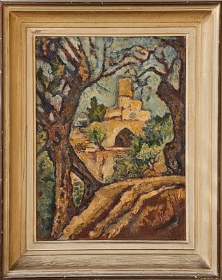 אריה אלואיל (1901–1967) - נוף צפת. שמן על קרטון, 49x37 ס"מ, חתום (חתמה דהויה). אודות אריה אלואיל: 