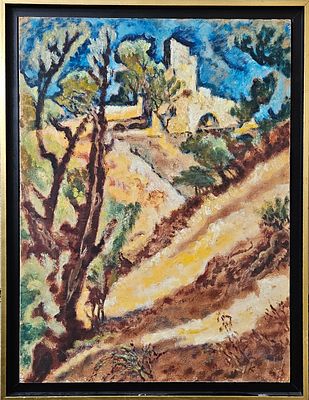 אריה אלואיל (1901–1967) - צפת. שמן על נייר מוצמד ללוח עץ. 60x50 ס"מ, חתום. אודות אריה אלואיל: אריה 