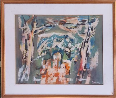 יצחק פרנקל פרנל - סוכה. גואש על נייר 64X50 ס"מ חתום . ציור מיוחד מאוד .