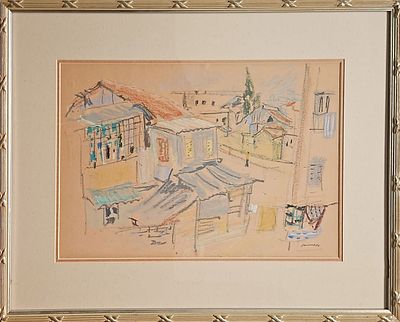 אבא פניכל (1906-1986) - נווה צדק. גירי פנדה על נייר, 30x45 ס"מ, חתום. אודות אבא פניכל: אבא פניכל 