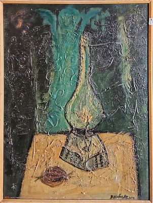 דוד עזוז (1942-2014) - עששית. שמן על בד, 65x47 ס"מ, חתום. אודות דוד עזוז: דוד עזוז נולד בתל אביב 