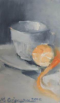 מרים קוג'וקרו - קפה של בוקר. שמן על עץ 20X12 חתום .