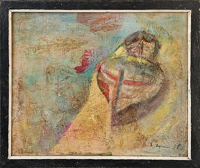 שלמה ציפמן - סירה על החוף. שמן על בד, 50&times;50 חתום.
