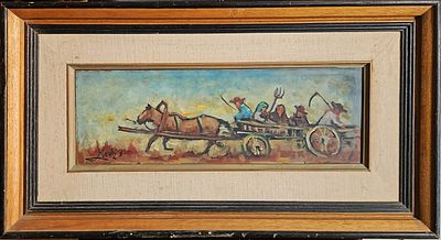 שמואל גולדשטיין (1921-2006) - עגלת איכרים. שמן על לוח, 15x45 ס"מ, חתום. אודות שמואל גולדשטיין: 