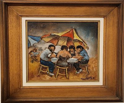 שלמה גולדשטיין - בחוף הים . שמן על מזונית 28X28 חתום .