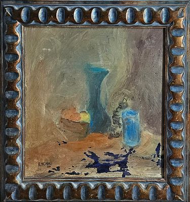 רוג'ר יחאי (Roger Ychai) - טבע דומם. שמן על מזונית, 60&times;50 חתום ומתוארך 2000. קילופים בצבע בחלק 
