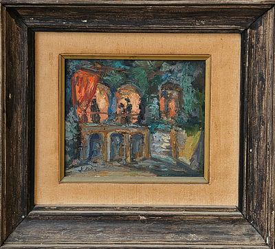 ליאו קאהן - נוף אורבני. שמן על בד, 20x25 ס"מ, חתום.