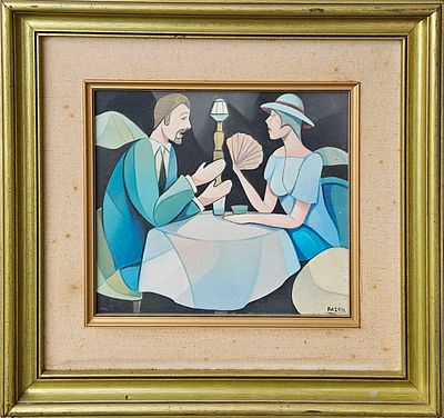 עמיחי רזון - זוג בבית קפה. שמן על בד, 58x53 ס"מ, חתום.