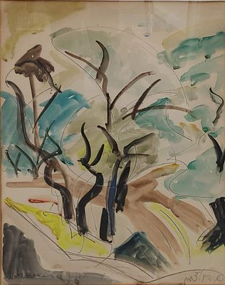 שמשון הולצמן - חורשה. אקוורל על נייר, 70x50 ס"מ, חתום.