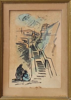 דוד הנדלר (1904-1984) - דמויות ליד מדרגות. אקוורל על נייר, 50x35 ס"מ, חתום. אודות דוד הנדלר: דוד 