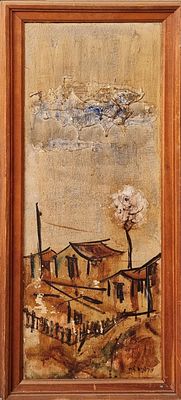 עמנואל קיפניס (1936) - נוף כפרי. שמן על בד, 96x35 ס"מ, חתום ומתוארך 1963. בעבודה מספר קילופי צבע 