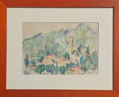 דנה רוזן - בתים בנוף. אקוורל על נייר 20X30 ס"מ חתום .