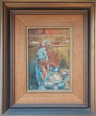 חיים סיטון - אישה במטבח. שמן על 24X16 ס"מ חתום .
