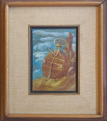 אריה קמחי - שעון. שמן על עץ 12X18 ס"מ חתום