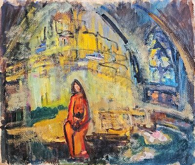 ברכה בנימיני (1901-1993) - אישה בבית כנסת. שמן על נייר, 38x46 ס"מ, חתום. לא ממוסגר. 
אודות ברכה 