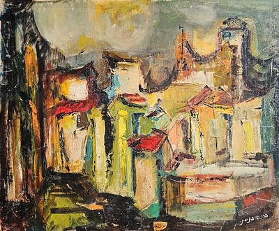 ברכה בנימיני (1901-1993) - נוף עירוני. שמן על לוח, 41x51 ס"מ, חתום. 
אודות ברכה בנימיני: 
ברכה 