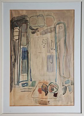 אביגדור סטימצקי (1908-1989) - נוף עירוני. אקוורל ועיפרון על נייר, 65x45 ס"מ, חתום. אודות אביגדור 