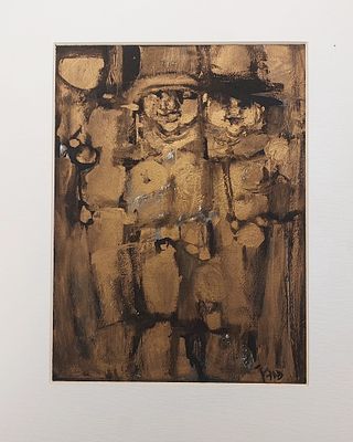 יצחק פוגאץ' (Yitzhak Pugacz), שמן על נייר, המתארת דמויות: היצירה בגודל 30 ס"מ גובה על 22 ס"מ 