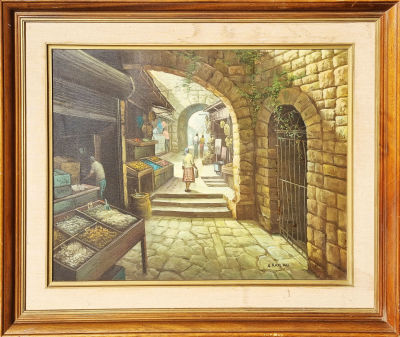 א. קפלן - השוק בעיר העתיקה. שמן על בד, 48x63 ס"מ, חתום.