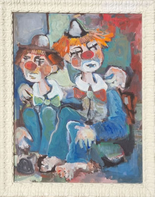 אמן לא מזוהה - ליצנים. שמן על בד, 65x50 ס"מ, לא נמצאה חתימה, אך יתכן כי היא מוסתרת על ידי המסגרת.