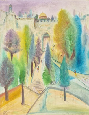 שלמה הקרו - ירושלים (1995). שמן על בד, 80x60 ס"מ, חתום ומתוארך 1995.