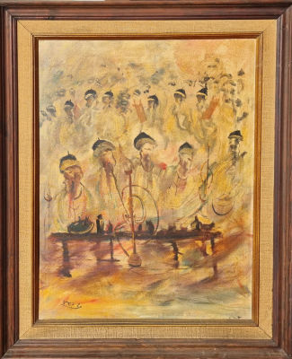 שלמה הקרו - מעשני נרגילה. שמן על בד, 80x60 ס"מ, חתום.