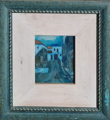 זאב קון - סמטה בעיירה. שמן על לוח עץ, 11x9 ס"מ. חתום.