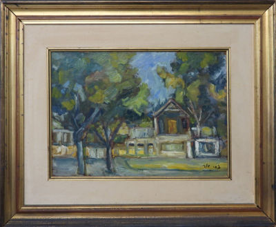 צבי שור - 'נוף בתים', שמן על לוח, חתום, מידות: 34X50 ס"מ. 
תקופה: המאה ה-20