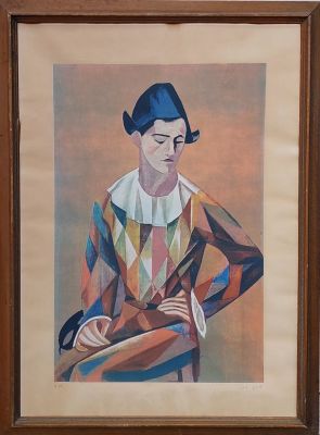 ציונה תג'ר - ליצן. ליטוגרפיה 55&times;74 חתום אחת הליטוגרפיות הנדירות של הציירת