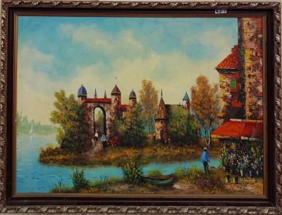 אמן לא מזוהה - נוף בכפר . שמן על בד 60X90 חתום