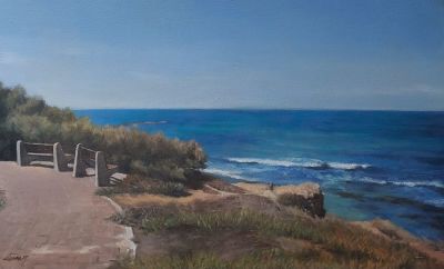 איתמר שחק - נוף לעבר הים. נוף שמן על עץ 30\50 חתום