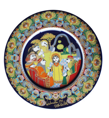 צלחת מפורצלן ROSENTHAL עם מתקן תליה , ציורי יד ,חתומה על ידי האמן , 1981 ,קוטר 28 
