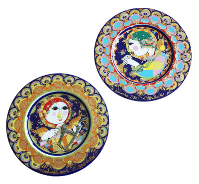 זוג צלחות מפורצלן ROSENTHAL עם מתקן תליה , ציורי יד , יפהפהיות חתומות על ידי האמן 