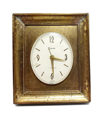 שעון שולחני שוויצרי SWIZA ,מעטפת ברונזה , 10x8.5 , מנגנון מתיחה , מצב עבודה