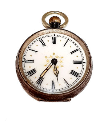 שעון כיס מכסף 935 מאה 19 ,מעוטר בכוכבי זהב בתוך הלוח , קוטר 36 , עובד , אבל בלי 